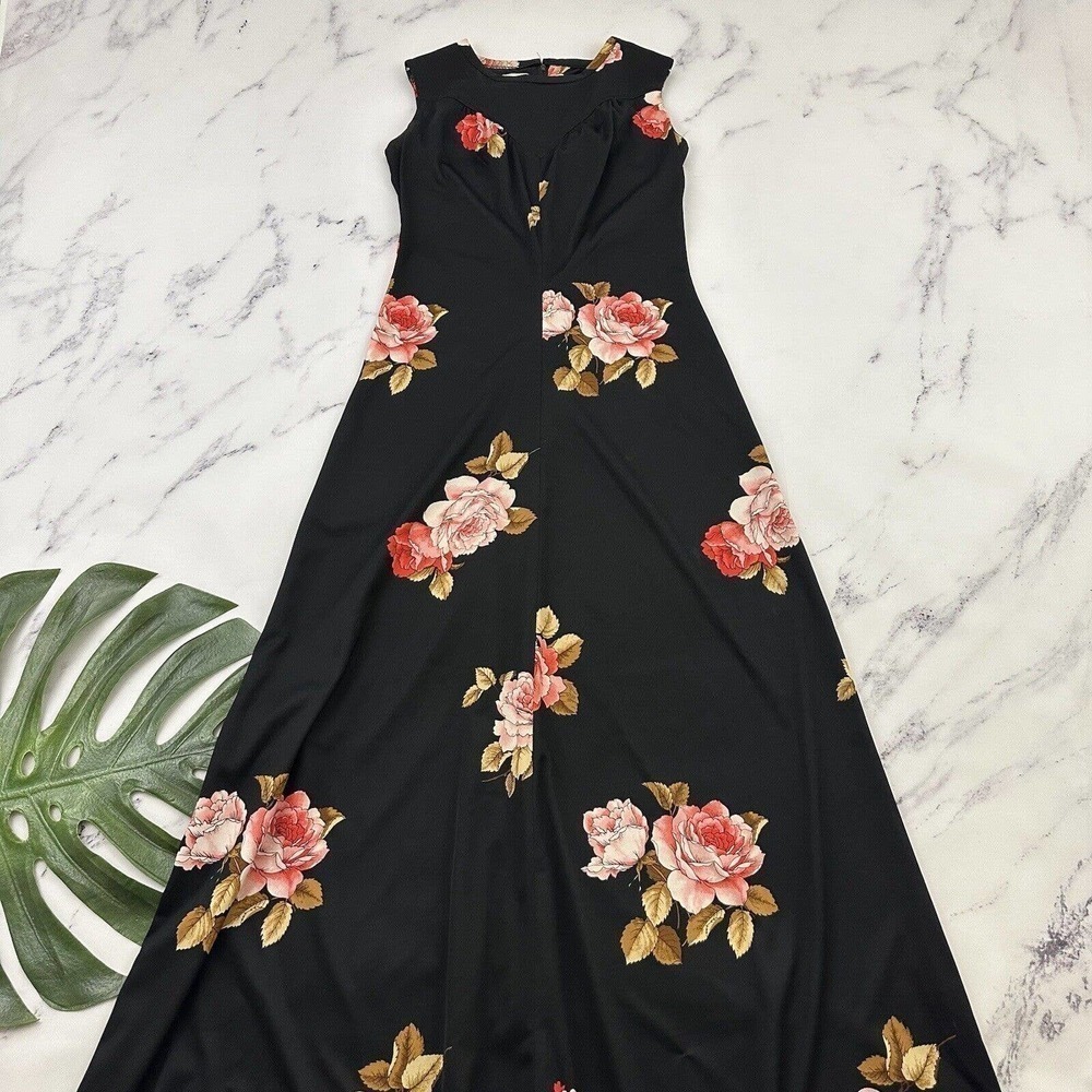 Mister Robert Womens Vintage Maxi Dress M Black Pink Rose Floral High Neck 70s - Picture 1 of 10